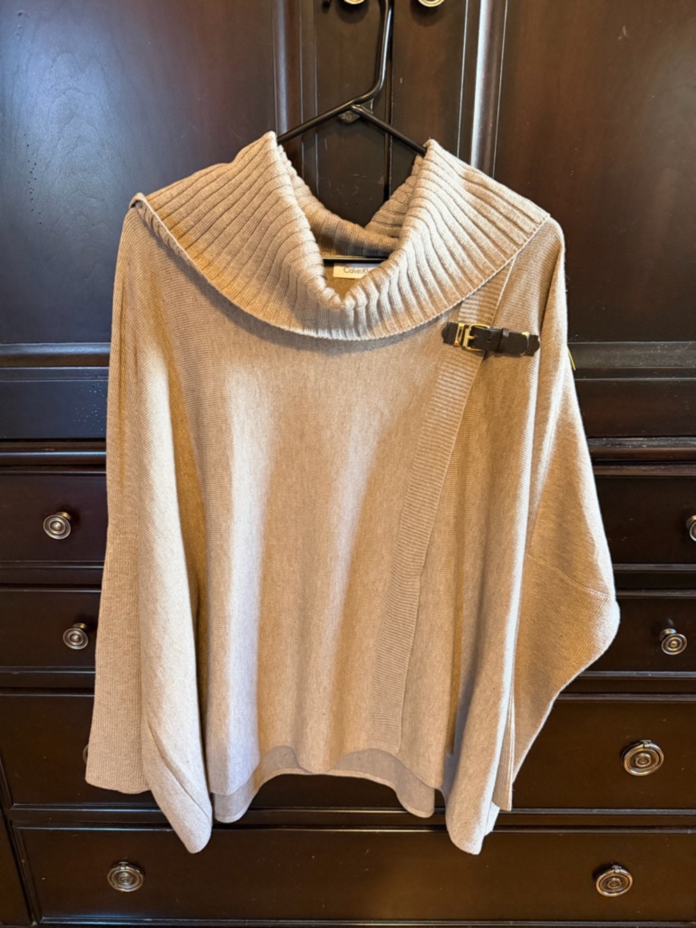 Calvin Klein Taupe Cowl-Neck Sweater Poncho with Buckle